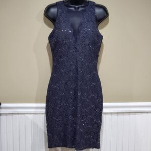 Nightway Women's Sequined Lace Cocktail Dress Charcoal Blue Illusion Neck Sz 8